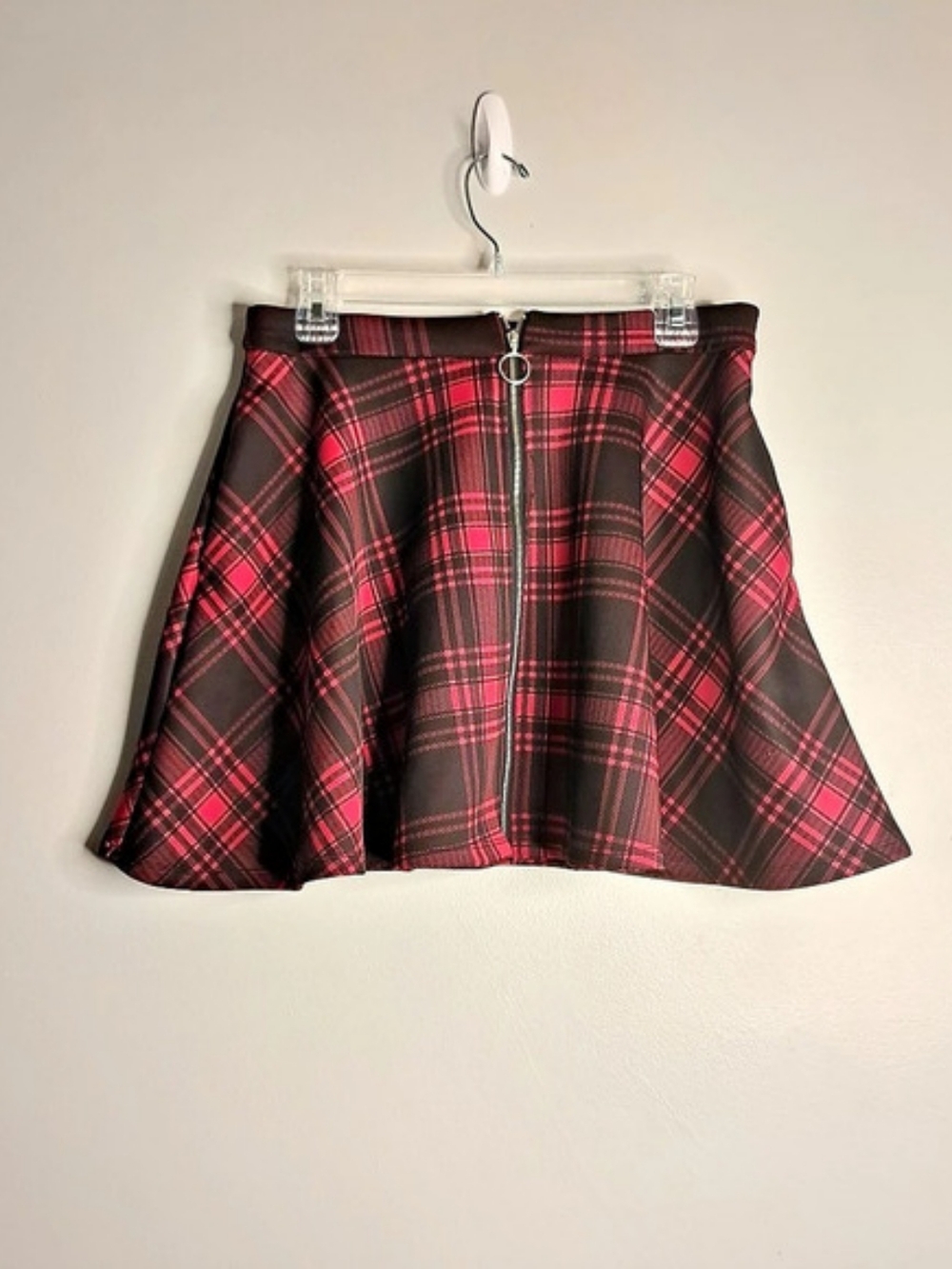 Hot Topic Red Black Plaid O-Ring Zipper Skater Mini Skirt Med